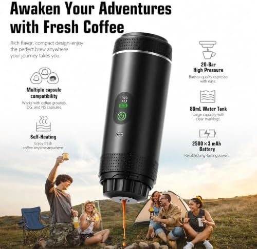 Portable Espresso Machine, Self-Heating Travel Coffee Maker with USB-C, 20 Bar Portable Coffee Maker for Ground Coffee & NS Capsules, for Camping, RV, Hiking, Office