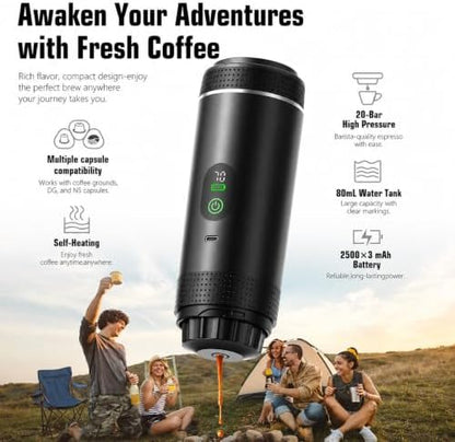 Portable Espresso Machine, Self-Heating Travel Coffee Maker with USB-C, 20 Bar Portable Coffee Maker for Ground Coffee & NS Capsules, for Camping, RV, Hiking, Office