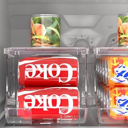 SCAVATA 4 Pack Stackable Refrigerator Organizer, Soda Can Dispenser Pop Cans Container Beverage Holder with Lid for Fridge, Freezer, Kitchen, Clear Plastic Storage Bins-Holds 10 Cans Each