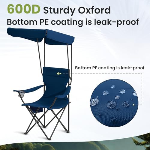 Portable Camping Chair 2 Pack with Foldable Canopy, Folding Outdoor Chair with Cup Holder & Side Pocket for Camping, Hiking, Picnic, Beach (Navy Blue)