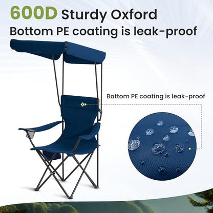 Portable Camping Chair 2 Pack with Foldable Canopy, Folding Outdoor Chair with Cup Holder & Side Pocket for Camping, Hiking, Picnic, Beach (Navy Blue)
