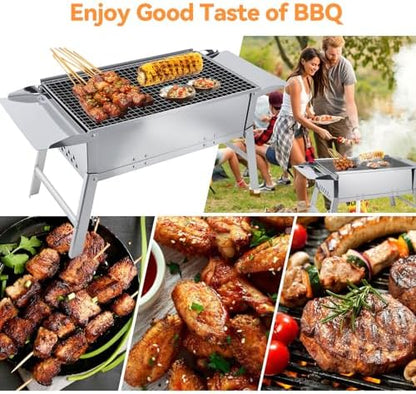 Foldable Portable Charcoal Grill 17.7x9.8 Inch Compact Small BBQ Grill Outdoor Cooking Stove Stainless Steel Folding Grill with Wood Skewers for Beach/Travel/Balcony/Camping/Backyard