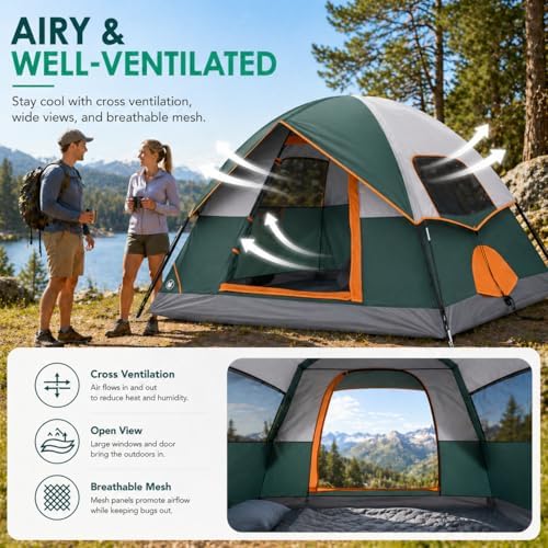 Simple Deluxe 2/4/6/8 Person Cabin Tents for Camping, Outdoor Tent 5-Minute Quick Setup with Mesh Doors, Windows, Waterproof & Sturdy Poles, Ideal for Family Camping, Hiking Outdoor Use