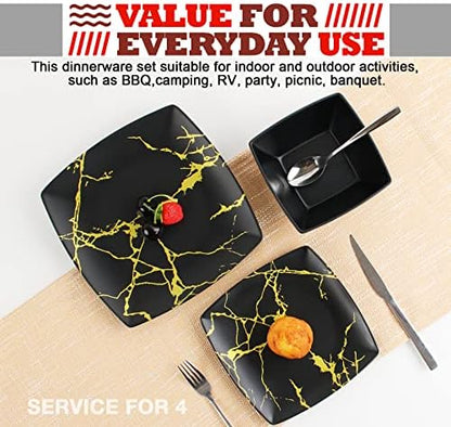 Melamine Dinnerware Set for 4-12 Pcs:Camping Dishes Set with Dinner Plates,Salad Plates and Bowls.Lightweight and Unbreakable.Indoor and Outdoor Use. flower 26