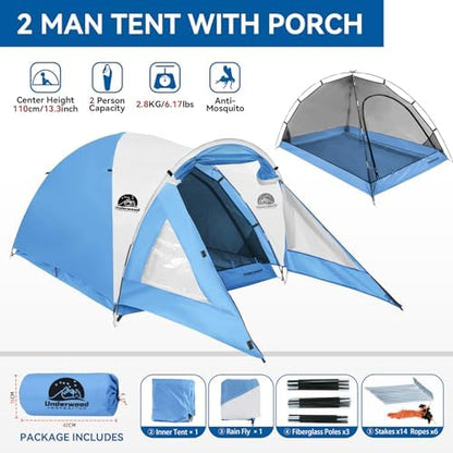 2/4 Person Camping Tent with Porch, Lightweight Waterproof Tent Easy Setup