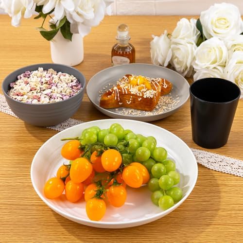 LIYH 16pcs Wheat Straw Dinnerware Sets Plastic Dinnerware Sets for 4 Plates and Bowls Sets Reusable Tableware Dish Set 8pcs Plates 4pcs Bowls 4pcs Cups Microwave Dishwasher Safe Four-color