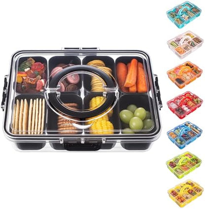 Dingerjar Divided Serving Tray with Lid and Handle - Snackle Box Charcuterie Container for Portable Snack Platters Organizer for Candy, Fruits, Nuts, Snacks - Perfect for Party, Entertaining, Black
