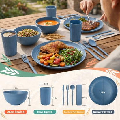 PYRMONT Wheat Straw Dinnerware Sets 28 Pcs Bowls and Plates Set(Blue)