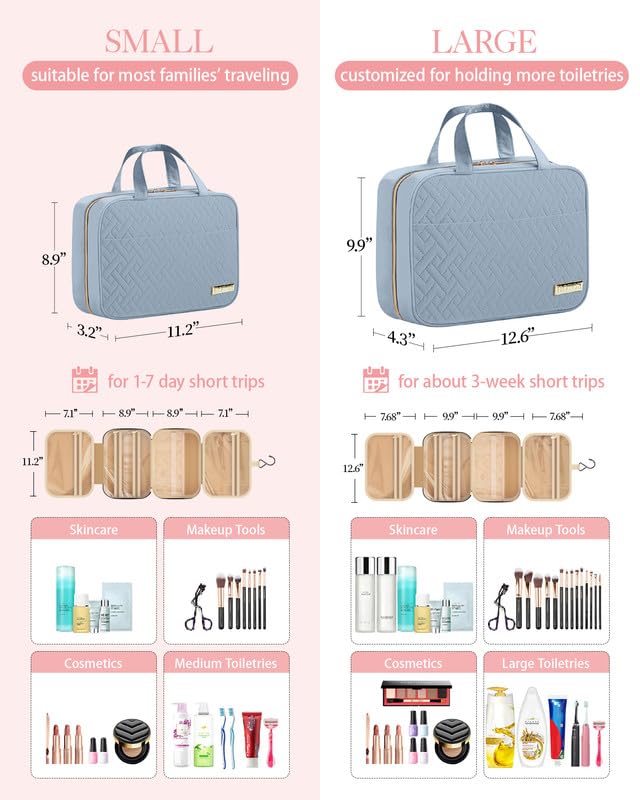 HOTOR Travel Toiletry Bag w/Hanging Hook - Spacious Toiletry Bag Essentials for Women & Men, Makeup Bag/Big Comparment, Waterproof for Travel Accessories, Medium, Light Blue