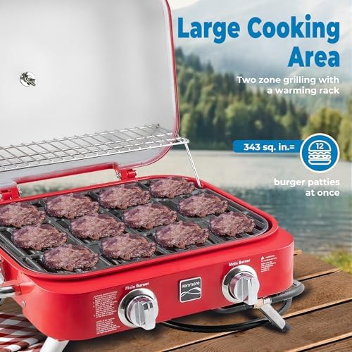 Kenmore Portable Propane Gas Grill - Tabletop BBQ Grill with Warming Rack, 2 Stainless Steel Burners with 14,000 BTUs, for Outdoor Kitchen, Camping, Red