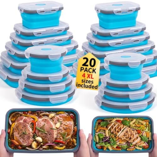 Collapsible Food Storage Containers with Lids 20 Pack(81oz/58oz Extra Large Included), 12 Rectangular+8 Round, Annaklin Silicone Collapsible Food Containers Sets Microwave Freezer Dishwasher Safe Blue