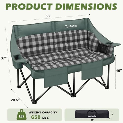 Youtanic Double Camping Chair, Heavy Duty 650lbs Padded Loveseat for Adults