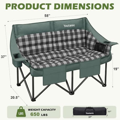 Youtanic Double Camping Chair, Heavy Duty 650lbs Padded Loveseat for Adults