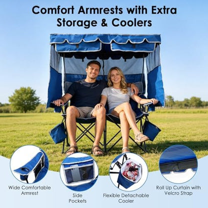 Suteck Double Camping Chair with Canopy, 660lbs Folding Loveseat with Shade