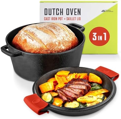 Modern Innovations 3-in-1 Dutch Oven & Skillet Combo, Preseasoned Cast Iron Cookware Set, 5QT Dutch Oven, 1.6QT Skillet with Lid, Versatile Pots and Pans for Camping & Home Cooking