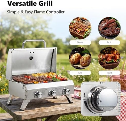 Bonnlo 3 Burner Portable Gas Grill, 30,000 BTU Tabletop Camping Grill with Ignition & Lockable Lid, Stainless Steel Propane Grill with Foldable Legs & Thermometer for Outdoor Patio BBQ RV Use