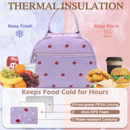 FlowFly Insulated Lunch Bag for Women – Corduroy Lunch Tote Box, Cute Cooler Bag for Work, Travel, Picnic,Corduroy Strawberries Purple