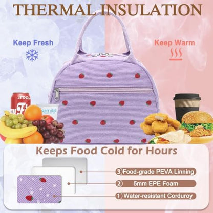 FlowFly Insulated Lunch Bag for Women – Corduroy Lunch Tote Box, Cute Cooler Bag for Work, Travel, Picnic,Corduroy Strawberries Purple
