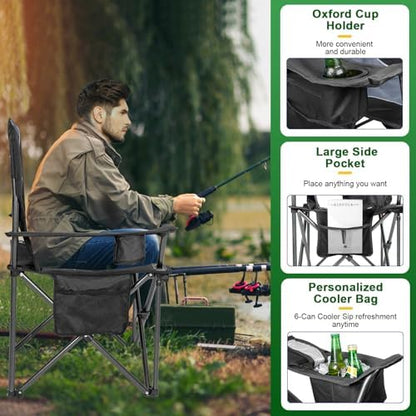 Oversized Padded High Back Camping Chairs,2 Pcs Heavy Duty Folding Chairs Support 500LBS with Cooler Bag,Cup Holder Cooler Bag, Collapsible Chairs for Outdoor, Tailgate, Fishing, Black