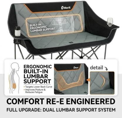 EMERIT Oversized Fully Padded Camping Chair, Heavy Duty 650LB Folding Camping Loveseat, Quad Fold Double Camping Couch with Cup Holders & Carry Bag for Outdoor, Lawn, Sports Events Black