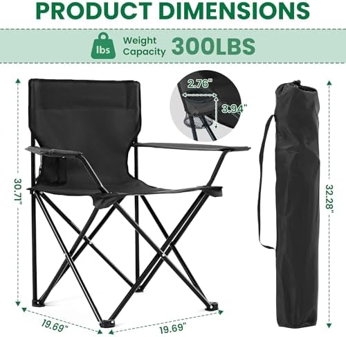4 Pack Folding Camping Chairs for Adults, Foldable Portable Lawn Chairs with Carry Bag & Cup Holder, Compact Design for Camp,Beach, Picnics,and Fishing Supports 300LBS（Black）