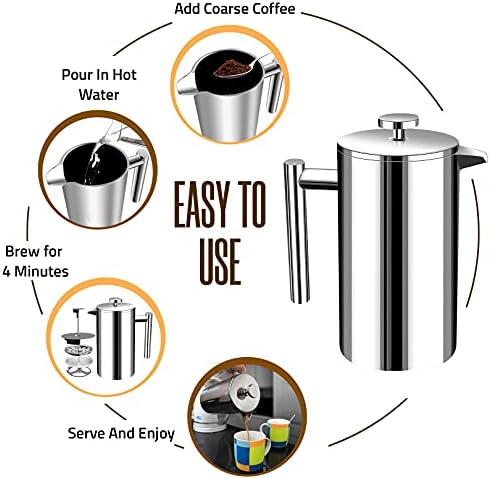Utopia Kitchen 304 Grade Stainless Steel French Press 12 Oz, Silver