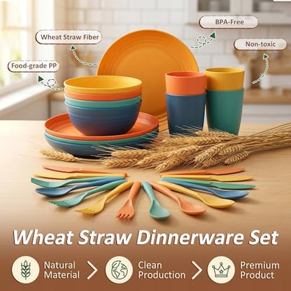 Plastic Dinnerware Sets for 4, Kitchen Plates and Bowls Set - Multi