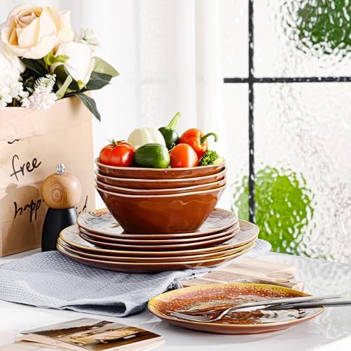 FINE&NICE Melamine Dinnerware Set of 12Pcs, Dish Set for 4, Lightweight Unbreakable Plate and Bowl Set for Patio, RV and Camping, Dishwasher Safe,Rusty Brown