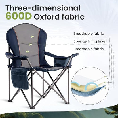 Folding Camping Chairs for Adults - High Back Padded Outdoor Lawn Chairs with Lumbar Support & Cup Holder, 500lbs Heavy Duty Portable Camping Chairs Set (Blue & Gray, 1 PCS)