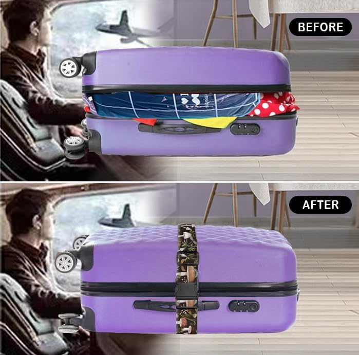 Luggage Straps for Suitcases Travel Belt Accessories, Cute Suitcase Strap, Adjustable Luggage Belt Strap, Heavy Duty with Quick-Release Buckle Luggage Strap Boho Mushrooms