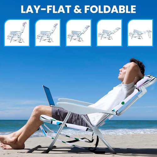 2 Pack Lightweight Portable Camping Beach Chair for Adults, Outdoor Lay Flat Folding Beach Chairs with 5 Positions, Backpack Beach Chair with Towel Bar, Zipper Pouch, Geometric Circle