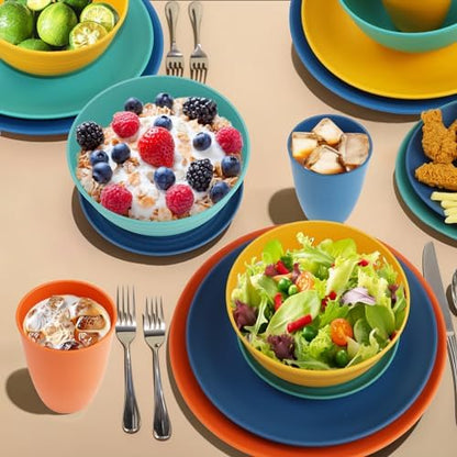 Wrova 40Pack plates and bowls sets for kids - Unbreakable wheat straw dinnerware sets service for 8 - Alternative plastic 40pcs dish sets for kitchen, camping and indoors dinning - (Colorful)