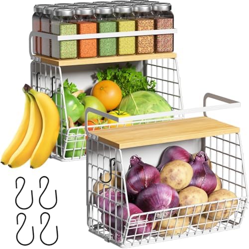 Ofiray-home Magnetic Shelf for Fridge with Wood Lid, Fruit Potato and Onion Storage Bins, Pantry Organizers & Storage, Large Container Magnetic Spice Rack for Refrigerator, Kitchen Counter (White, 2)