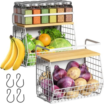 Ofiray-home Magnetic Shelf for Fridge with Wood Lid, Fruit Potato and Onion Storage Bins, Pantry Organizers & Storage, Large Container Magnetic Spice Rack for Refrigerator, Kitchen Counter (White, 2)