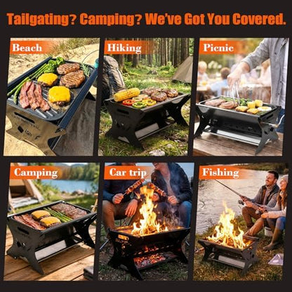 3-in-1 Portable Camping Grill, Foldable Charcoal Wood Gas BBQ