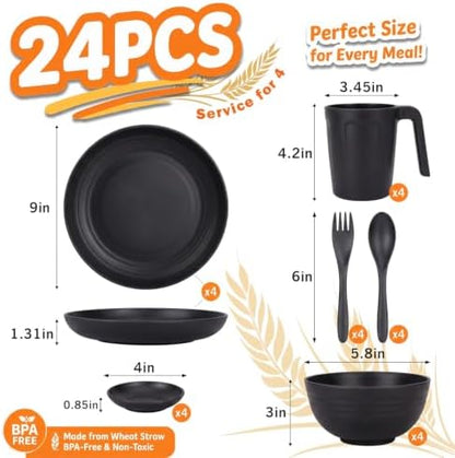 Wrova Black Plates and Bowls Sets for 4, Wheat Straw Dinnerware Sets 24PCS