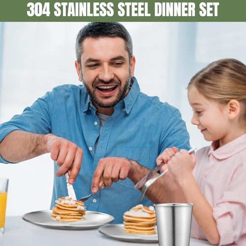 Jinei 28 Pcs 304 Stainless Steel Dinnerware Set 10 Inch 7 Inch Stainless Steel Plates Bowls Cups Forks Spoons and Knives Sets Reusable Metal Camping Dinnerware for Home Outdoor Picnic Kitchen
