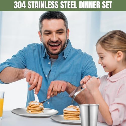 Jinei 28 Pcs 304 Stainless Steel Dinnerware Set 10 Inch 7 Inch Stainless Steel Plates Bowls Cups Forks Spoons and Knives Sets Reusable Metal Camping Dinnerware for Home Outdoor Picnic Kitchen