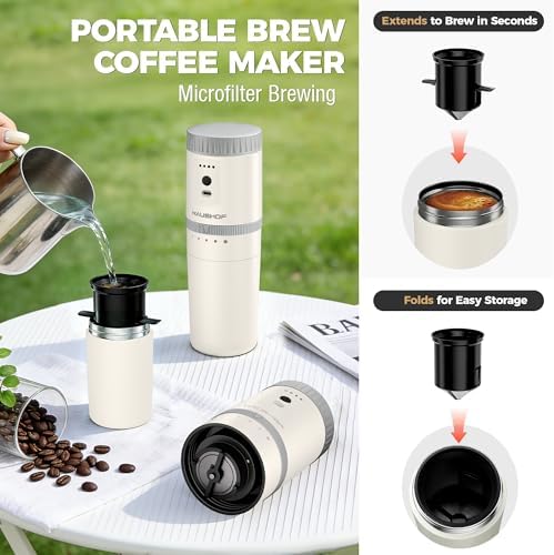 HAUSHOF Portable Coffee Maker for Travel, Rechargeable Electric Grinder