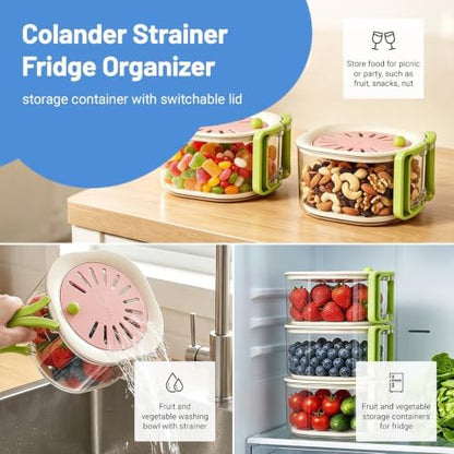 Berry Washing Bowl, Colander Strainer Fridge Organizer Storage Container with Switchable Lid, Fruit Veggie Wash Basket and Draining Bowl, Multifunctional Produce Washer for Kitchen Fridge