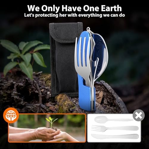 Camping Utensils, 4-in-1 Stainless Steel Fork Spoon Knife Set(Blue)