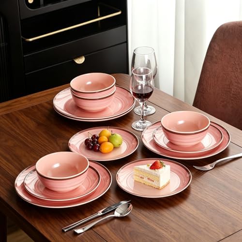 Melamine Dishware Sets, Unbreakable Dinnerware Sets for 4, Pink Swirled