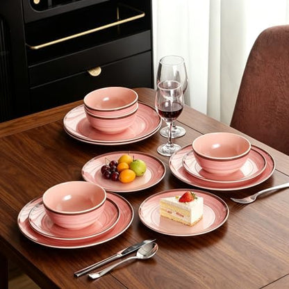 Melamine Dishware Sets, Unbreakable Dinnerware Sets for 4, Pink Swirled