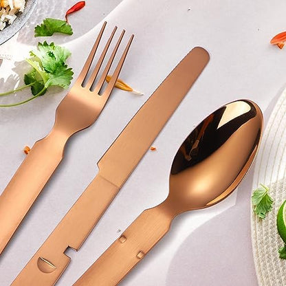 Camping Silverware Copper/Rose Gold Flatware Stainless Steel Eating Utensils Set Travel Portable Knife Fork Spoon Bottle Opener 4 Pieces Multi-functional Durable