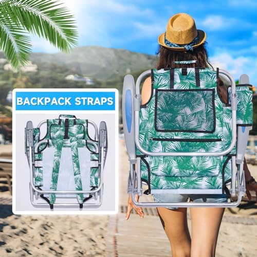 2 Pack Lightweight Portable Camping Beach Chair for Adults, Outdoor Lay Flat Folding Beach Chairs with 5 Positions, Backpack Beach Chair with Towel Bar, Zipper Pouch, Cup Holder, Green Leaves
