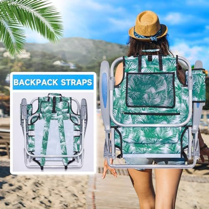 2 Pack Lightweight Portable Camping Beach Chair for Adults, Outdoor Lay Flat Folding Beach Chairs with 5 Positions, Backpack Beach Chair with Towel Bar, Zipper Pouch, Cup Holder, Green Leaves
