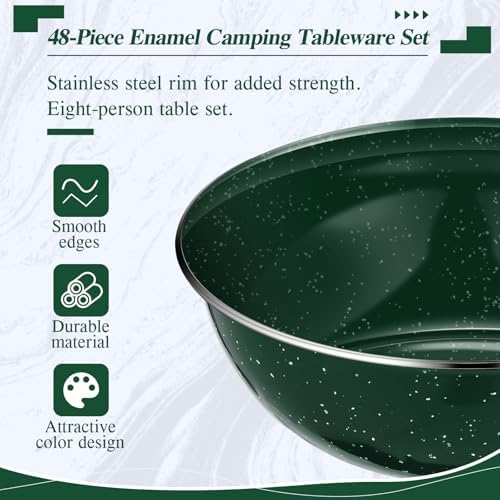 Nuogo 48 Pcs Camping Dinnerware Enamel Mugs Plates Bowls Utensils, Green