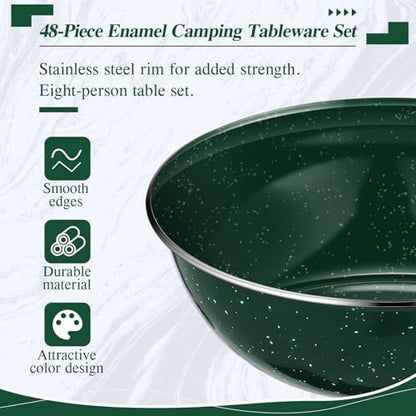 Nuogo 48 Pcs Camping Dinnerware Enamel Mugs Plates Bowls Utensils, Green