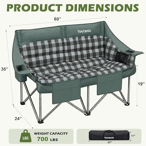 Youtanic 60" Extra Double Camping Chair for Adults, 700lbs Padded Loveseat