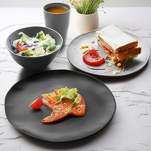 Teivio 32-Piece Kitchen Plastic Wheat Straw Dinnerware Sets, Service for 8, Dinner Plates, Dessert Plate, Cereal Bowls,Cups, Unbreakable Plastic Colorful Outdoor Camping Dishes, Irregular Gray Ombre